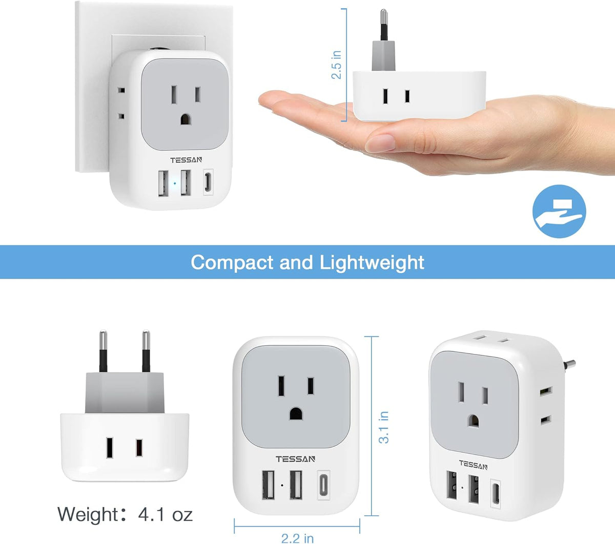 TESSAN European Travel Plug Adapter with 4 AC 3 USB (1 USB C PD 20W), Foldable Plug Type C, for US to Most of EU (Spain, France, Italy, Germany, Portugal, Iceland)