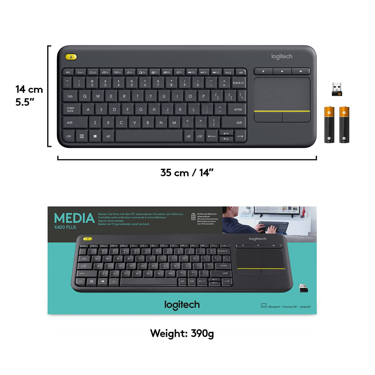 Logitech K400 Plus Wireless Touch TV Keyboard with Easy Media Control and Built-in Touchpad, HTPC Keyboard for PC-Connected TV, Windows, Android, ChromeOS, Laptop, Tablet - Black
