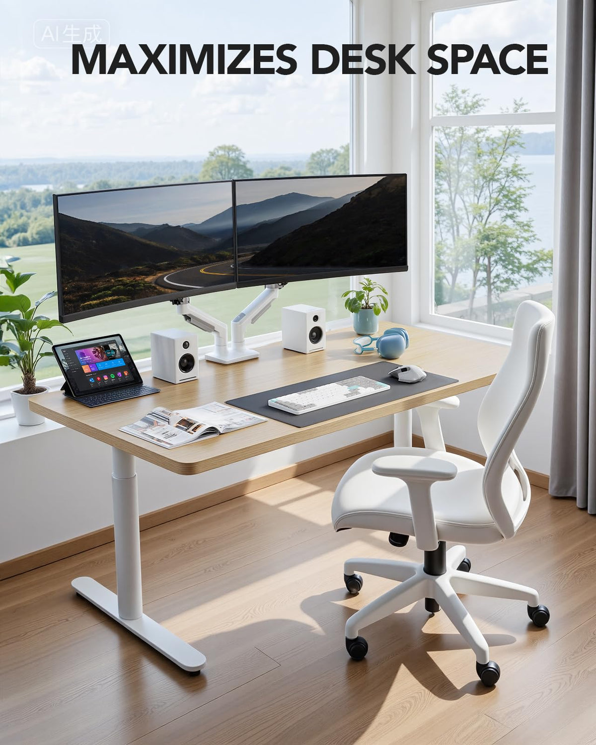 HUANUO FlowLift™ Dual Monitor Stand, Fully Adjustable Gaming Monitor Desk Mount for 13–32″ Computer Screens, Full Motion VESA 75x75/100x100 with C-Clamp & Grommet Base, Each Arm Holds 4.4 to 19.8 lbs