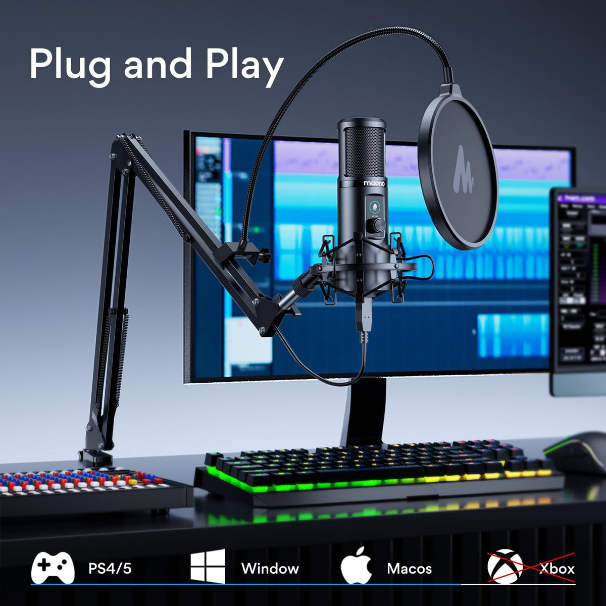 MAONO AU-PM421 USB Microphone with AU-MH601 Studio Monitor Headphones Bundle Plug and Play for Podcast, YouTube, Music…