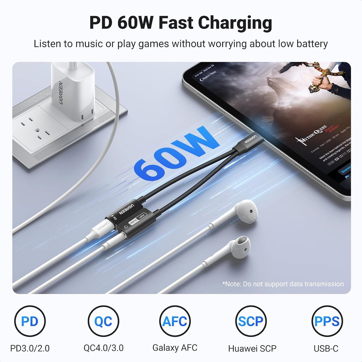 UGREEN USB C to 3.5mm Audio Adapter DAC Stereo Mic HiFi Right Angle Dongle Bundle Magnetic USB C to 3.5mm Audio Adapter and PD 60W Charger 2 in 1
