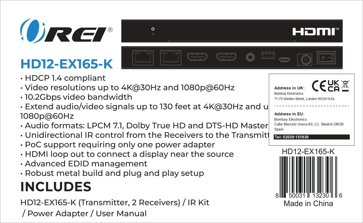 OREI 4K HDMI Extender over ethernet CAT5/CAT6/CAT7 Up To 165 Feet At 1080@60hz - HDMI 1.4 & HDCP 1.4 Compliant with One Way IR Pass Through, HDMI Loop Output & Power Over Cable