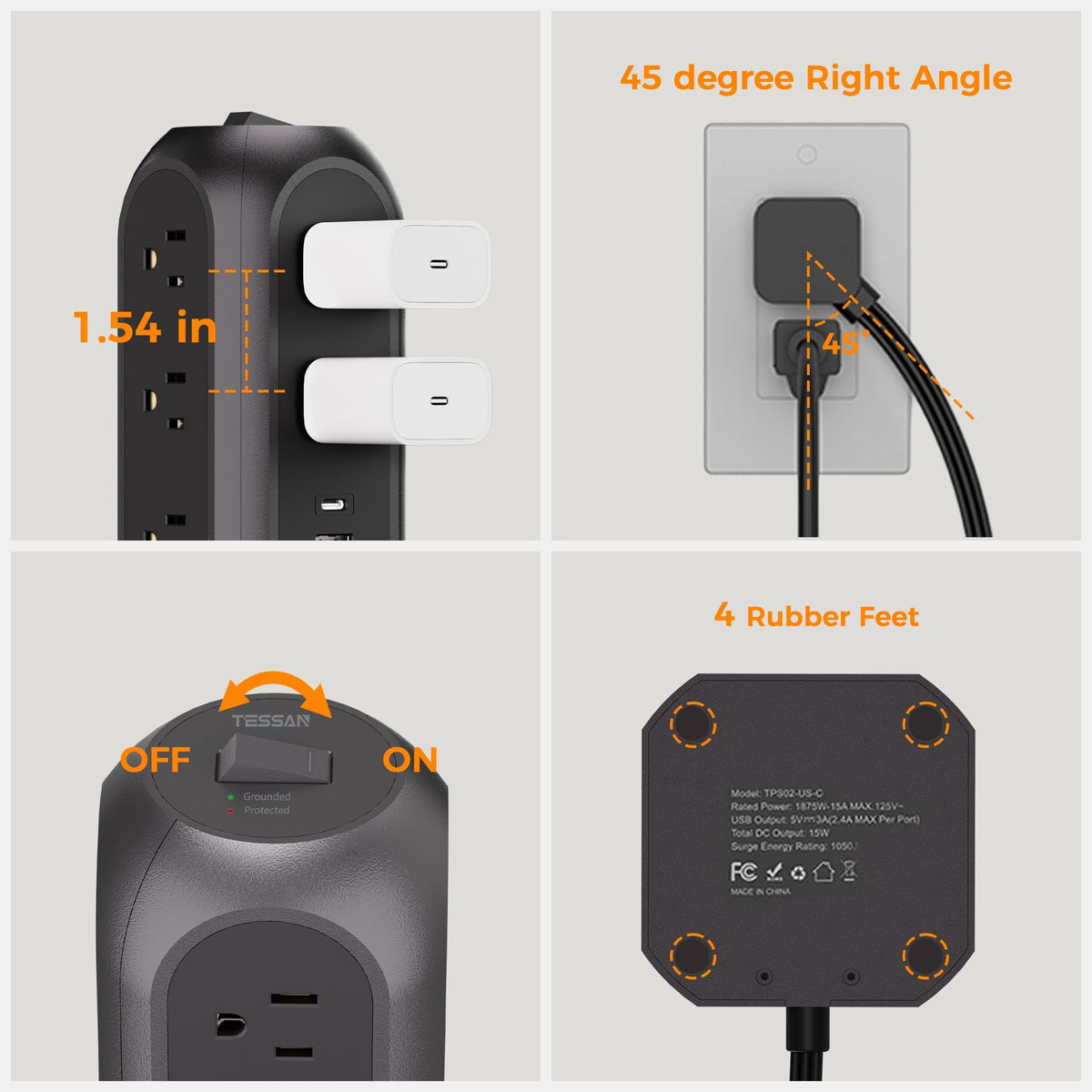 Tower Power Strip Flat Plug with 11 Outlets 3 USB (1 USB C), TESSAN Surge Protector Tower 1625W/13A,1050J Protection, 6 Feet Extension Cord with Multiple Outlets, Office Desk Supplies, Dorm Essentials