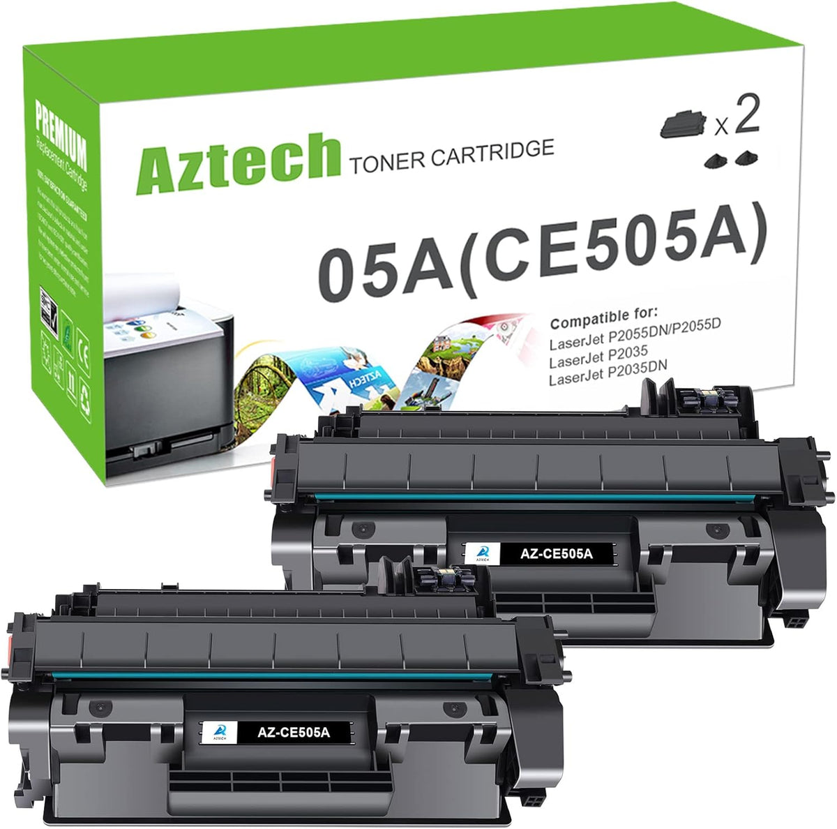 Aztech 05A CE505A Toner Cartridge Black Compatible for HP LaserJet CE505A 05A for HP LaserJet P2035 Toner Cartridge P2035N P2055DN 2055DN 2035N P2030 P2050 P2055D P2055X 2055D 2055X Printer 2 Pack