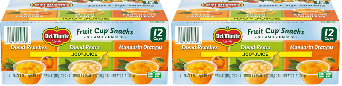 Del Monte Fruit Cups Variety Pack, Diced Peaches, Diced Pears, Mandarin Oranges, 4oz (12 Count) | 100% Juice, Lunch Snacks, Fruit Cups