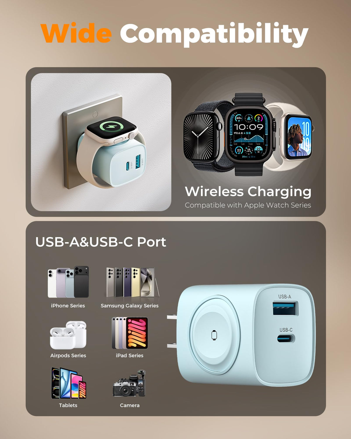 Charging Blocks for Apple Watch, 3-in-1 PD 20W USB C Charger Block with Built-in Wireless Smart Watch Charging, Dual Ports Wall Charger Compatible with iPhone,AirPods,iWatch