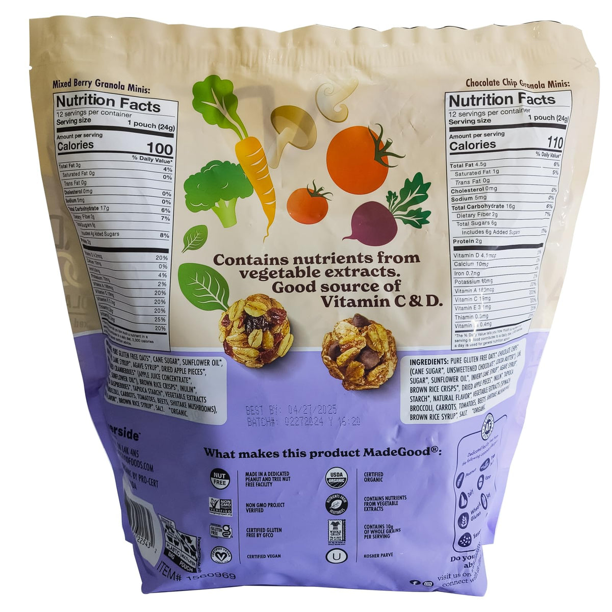 MadeGood Organic Granola Minis 24-Bag Organic Snack Variety Pack, Gluten Free Mon GMO Vegan Nut Free Individually Wrapped Snack Packs