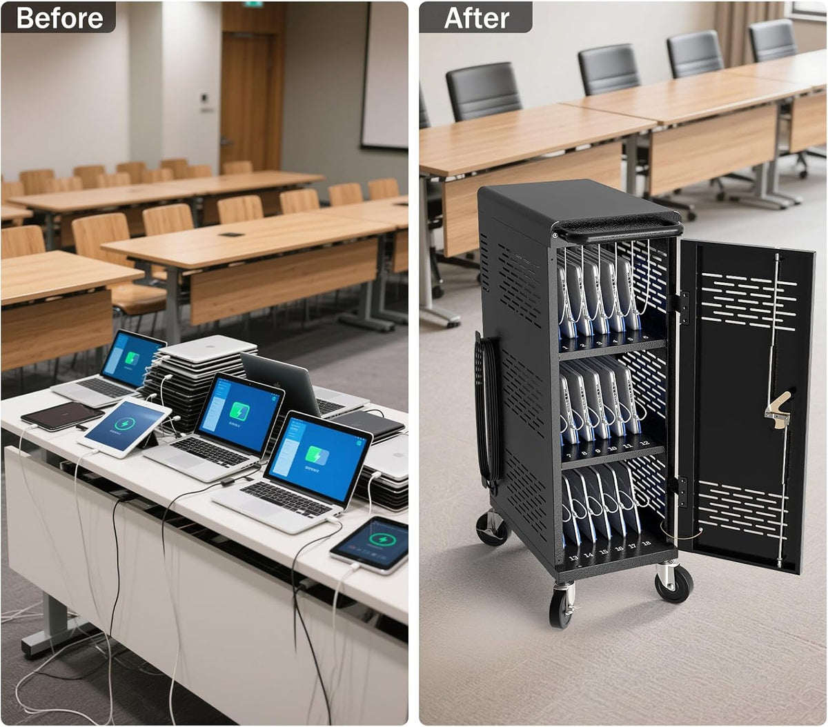 Fully Assembled 18-Device Charging Cart for Chromebook - Locking Laptop Cabinet with Cable Management, Cord Organization, Power Strip - Locks and Stores Tablets up to 14'' and 1.4'' Thick (Black)