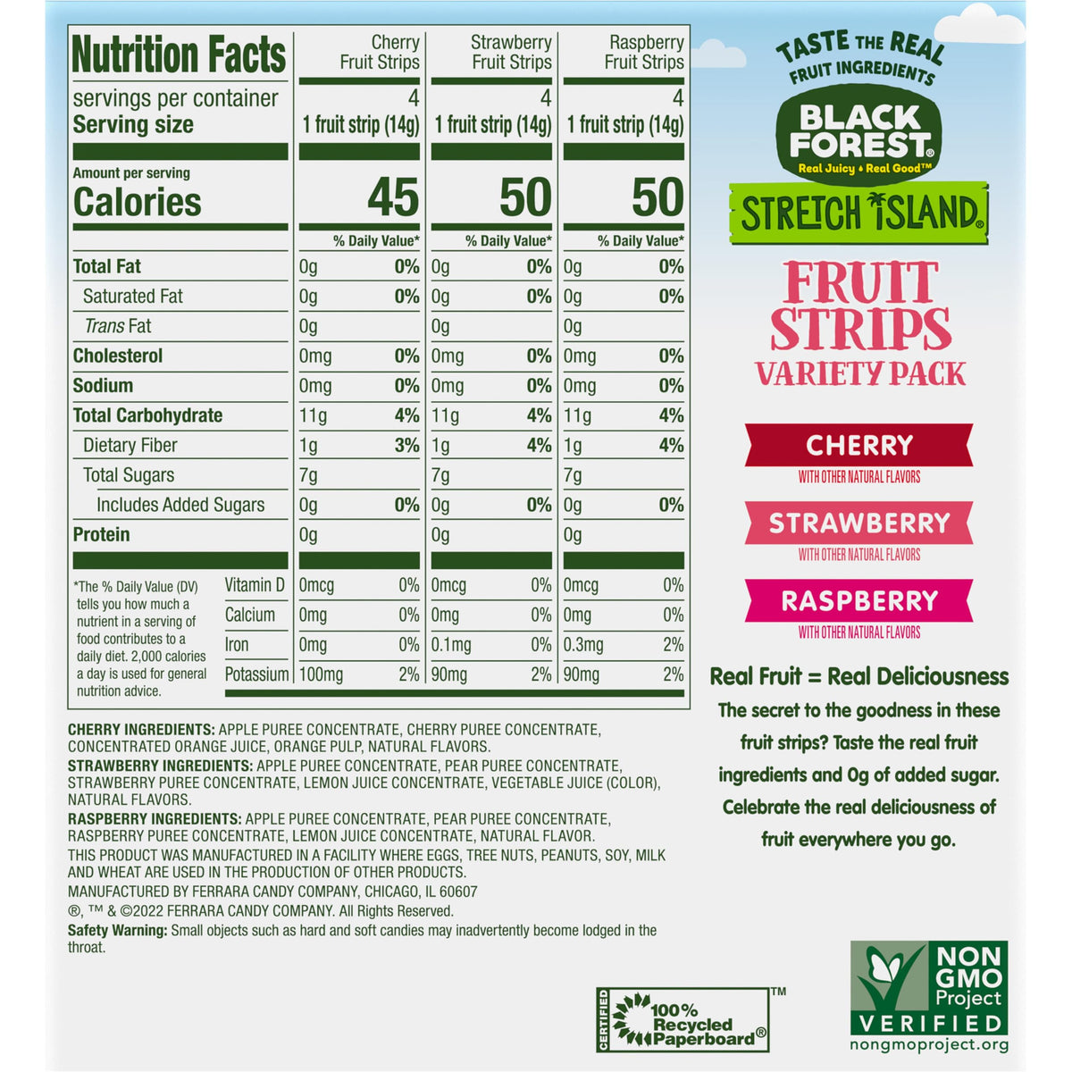 Black Forest, Stretch Island, Fruit Strips, Cherry, Apple, Raspberry, Grape, Strawberry, and Apricot, Zero Grams Added Sugar Non-GMO, 48 ct