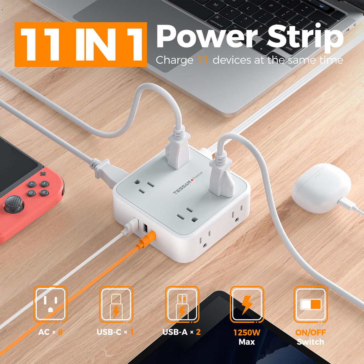 TESSAN Surge Protector Power Strip, 5 Ft Flat Plug Extension Cord with 3 USB (1 USB C) 8 Outlets, 1250W, 900J Protection, 3 Sided Outlet Extender with Power Switch for Office, Dorm Room, Grey