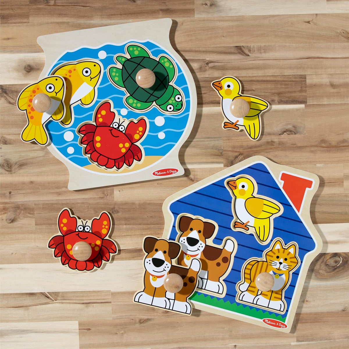 Melissa & Doug Wooden Jumbo Peg Puzzle 2-Pack – Fish Bowl, House Pets, 3-Piece for Toddlers Boys and Girls, Ages 1+ Years