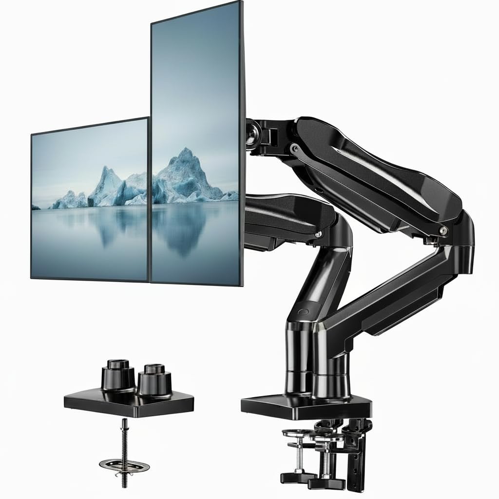 HUANUO FlowLift™ Dual Monitor Stand, Fully Adjustable Gaming Monitor Desk Mount for 13–32″ Computer Screens, Full Motion VESA 75x75/100x100 with C-Clamp & Grommet Base, Each Arm Holds 4.4 to 19.8 lbs