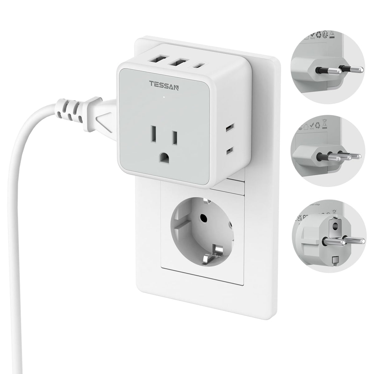 TESSAN All European UK Travel Plug Adapter Kit, International Detachable with 3 Outlet 3 USB Charger (1 USB C), Type C/G/E/F EU Ireland Power Adaptor, US to Europe Italy Spain France Greece