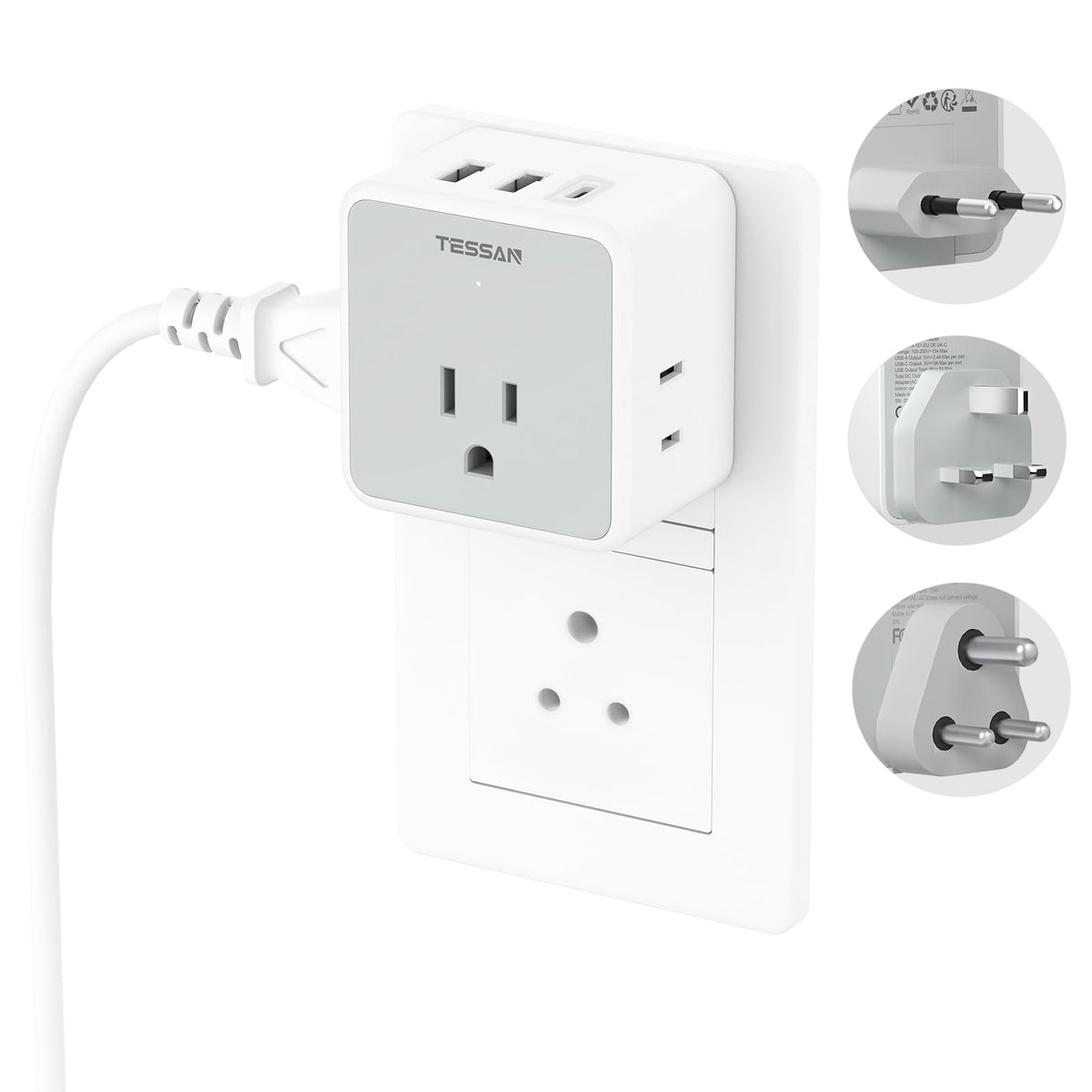 TESSAN All European UK Travel Plug Adapter Kit, International Detachable with 3 Outlet 3 USB Charger (1 USB C), Type C/G/E/F EU Ireland Power Adaptor, US to Europe Italy Spain France Greece
