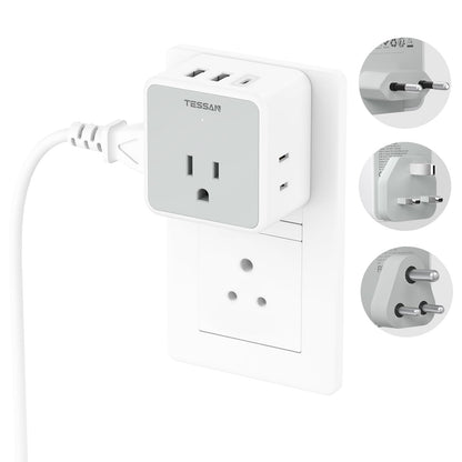 TESSAN All European UK Travel Plug Adapter Kit, International Detachable with 3 Outlet 3 USB Charger (1 USB C), Type C/G/E/F EU Ireland Power Adaptor, US to Europe Italy Spain France Greece