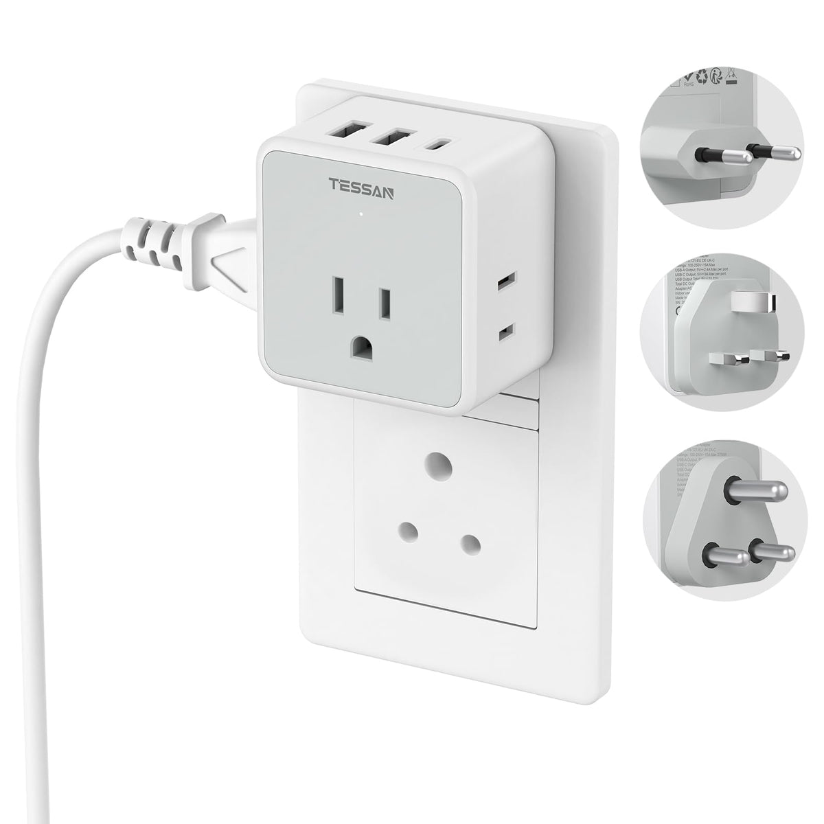 TESSAN All European UK Travel Plug Adapter Kit, International Detachable with 3 Outlet 3 USB Charger (1 USB C), Type C/G/E/F EU Ireland Power Adaptor, US to Europe Italy Spain France Greece
