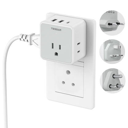 TESSAN All European UK Travel Plug Adapter Kit, International Detachable with 3 Outlet 3 USB Charger (1 USB C), Type C/G/E/F EU Ireland Power Adaptor, US to Europe Italy Spain France Greece