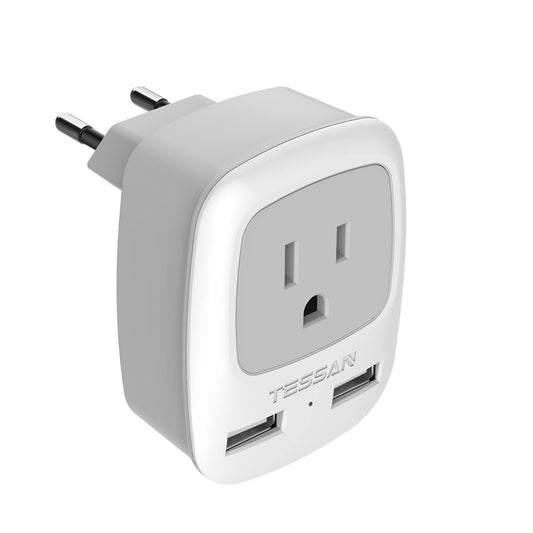 TESSAN European Travel Plug Adapter, Europe Power Adaptor with 2 USB Ports, International Type C Outlet Charger to Most of EU Iceland Spain Italy France Germany (Not a Voltage Converter)