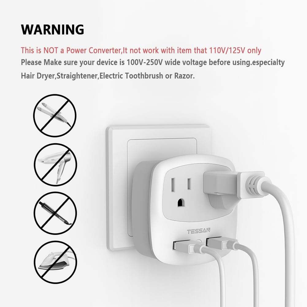 European Travel Plug Adapter Converter, TESSAN International Power Plug Converter with 2 USB, Type C Outlet Adaptor Charger for US to Most of Europe EU Iceland Spain Italy France Germany