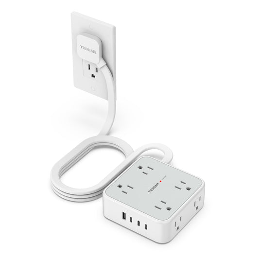 TESSAN Surge Protector Power Strip, 5 Ft Flat Plug Extension Cord with 3 USB (1 USB C) 8 Outlets, 1250W, 900J Protection, 3 Sided Outlet Extender with Power Switch for Office, Dorm Room, Grey