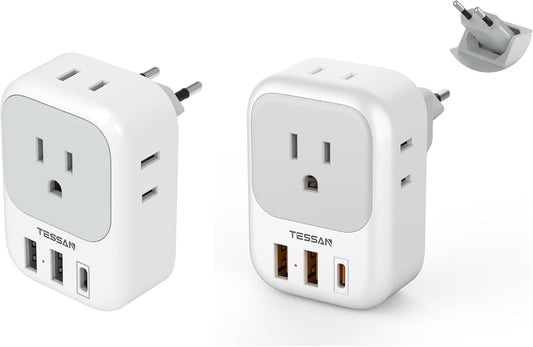 TESSAN European Travel Plug Adapter with 4 AC 3 USB (1 USB C PD 20W), Foldable Plug Type C, for US to Most of EU (Spain, France, Italy, Germany, Portugal, Iceland)