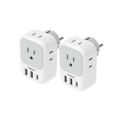 2 Pack European Plug Adapter USB C, TESSAN US to Europe Adapter 4 Outlets 3 USB Charger, Type C International Power Adaptor to Italy Spain France Portugal Iceland Germany, Europe Travel Essentials
