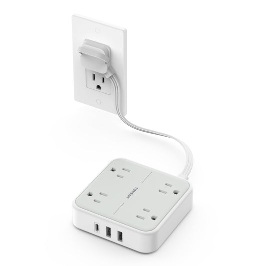 TESSAN Surge Protector Flat Extension Cord 5Ft, Flat Plug Power Strip with 4 Outlets 3 USB Ports (1 USB C), 900 Joules Protection, Multiple Wall Outlet Extender Suitable for Home Office Dorm, Grey