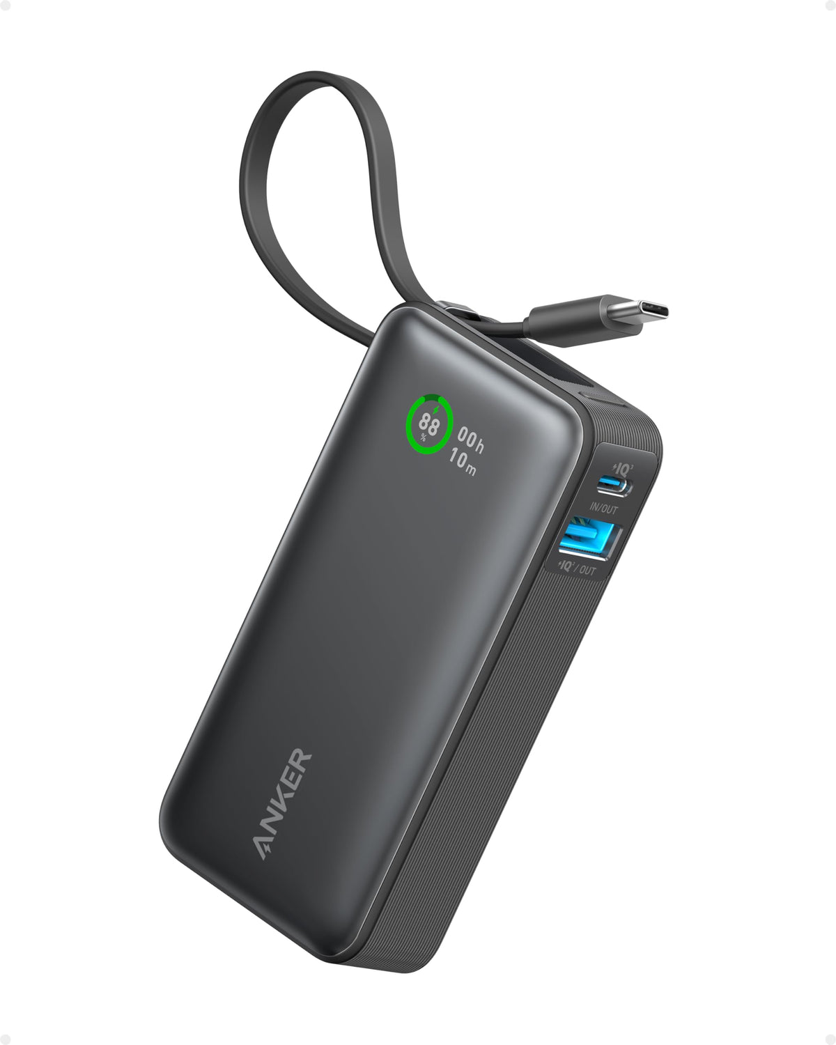 Anker Nano Power Bank, 10,000mAh Portable Charger with Built-in USB-C Cable, 30W Recharging, 30W Max Output with USB-C&A, for iPhone 17/16/15 Series, MacBook, Galaxy, AirPods, and More