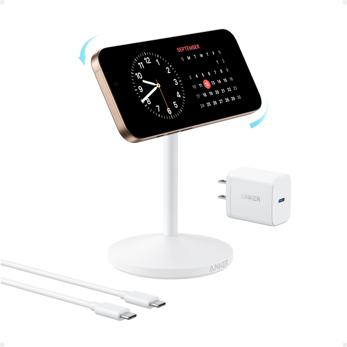 Anker MagGo iPhone 17 MagSafe Charger Compatible Stand, 15W Fast Magnetic Wireless Charging Station, Qi2 Certified 360° Wireless Charger (White, with Cable & Adapter)