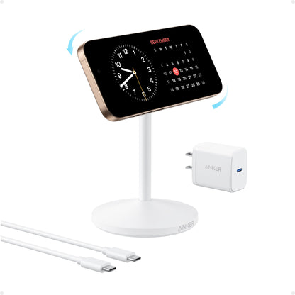 Anker MagGo iPhone 17 MagSafe Charger Compatible Stand, 15W Fast Magnetic Wireless Charging Station, Qi2 Certified 360° Wireless Charger (White, with Cable & Adapter)