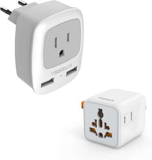 TESSAN Universal Travel Adapter (Type C G A I) Small Worldwide Plug Adaptor and European Travel Plug Adapter Type C Power Adaptor with 2 USB Ports