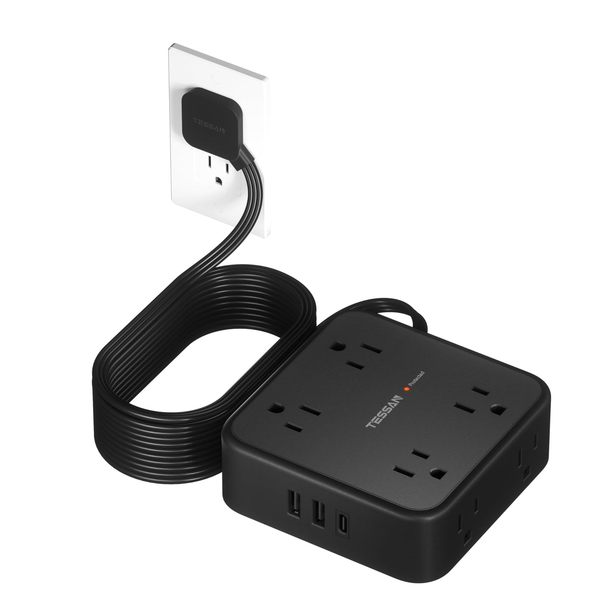 TESSAN Surge Protector Power Strip, 5 Ft Flat Plug Extension Cord with 3 USB (1 USB C) 8 Outlets, 1250W, 900J Protection, 3 Sided Outlet Extender with Power Switch for Office, Dorm Room, Grey