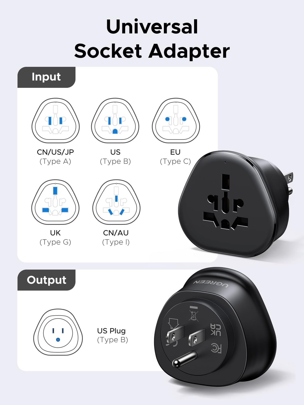 UGREEN US Plug Travel Adapter, EU/UK/AU/JP/CN/NZ/PH to US (Type B), International to US Pin Converter, Power Outlet Charger, 200+ Countries Compatibility, 1 Pack