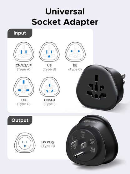 UGREEN US Plug Travel Adapter, EU/UK/AU/JP/CN/NZ/PH to US (Type B), International to US Pin Converter, Power Outlet Charger, 200+ Countries Compatibility, 1 Pack