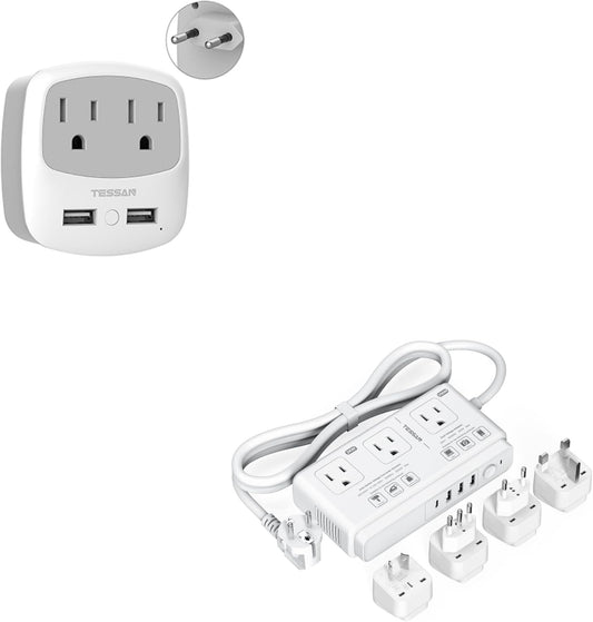 European Travel Plug Adapter Converter, TESSAN International Power Plug Converter with 2 USB, 220V to 110V Voltage Converter, Step Down Transformer, for UK EU AUS, for Hair Dryer Curling Iron