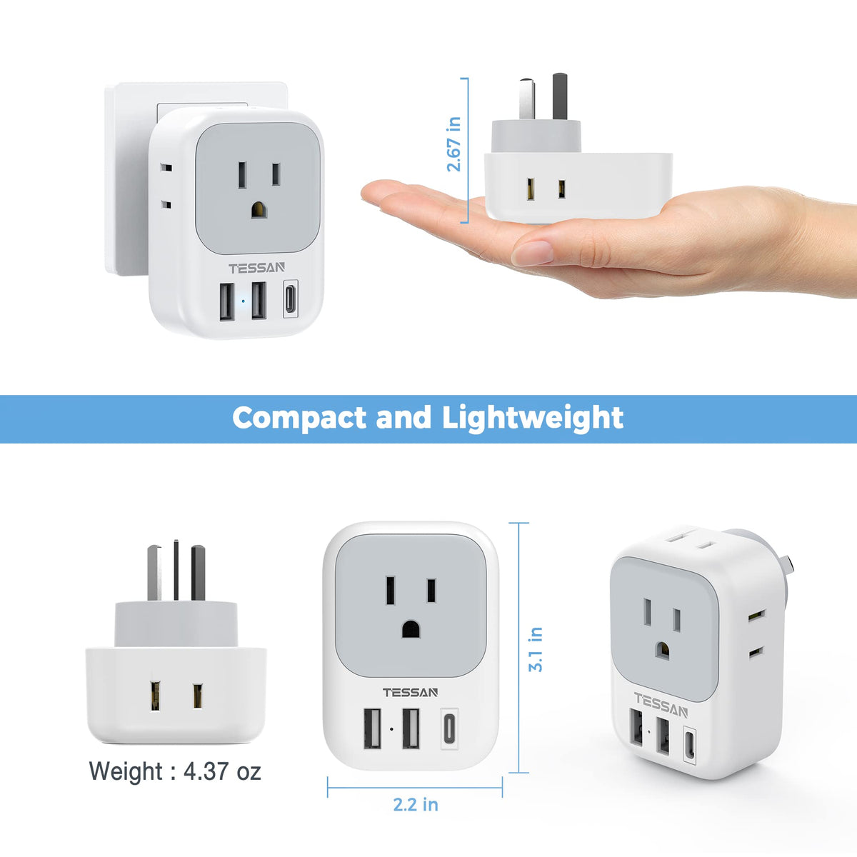2 Pack European Plug Adapter USB C, TESSAN US to Europe Adapter 4 Outlets 3 USB Charger, Type C International Power Adaptor to Italy Spain France Portugal Iceland Germany, Europe Travel Essentials