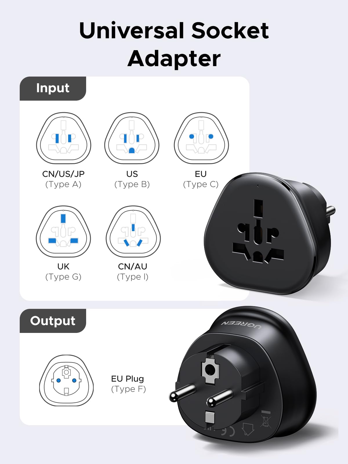 UGREEN US Plug Travel Adapter, EU/UK/AU/JP/CN/NZ/PH to US (Type B), International to US Pin Converter, Power Outlet Charger, 200+ Countries Compatibility, 1 Pack