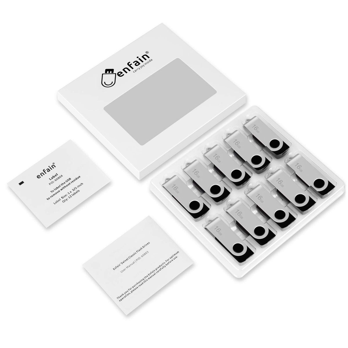 Enfain 16GB USB 2.0 Flash Drive 10 Pack | Swivel Thumb Drives with 31 Labels | Gift-Ready Packaging for Corporate Events, Office & Team Distributions (Black)