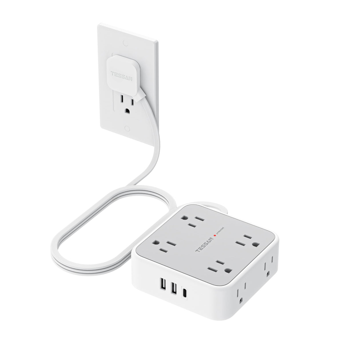 TESSAN Surge Protector Power Strip, 5 Ft Flat Plug Extension Cord with 3 USB (1 USB C) 8 Outlets, 1250W, 900J Protection, 3 Sided Outlet Extender with Power Switch for Office, Dorm Room, Grey
