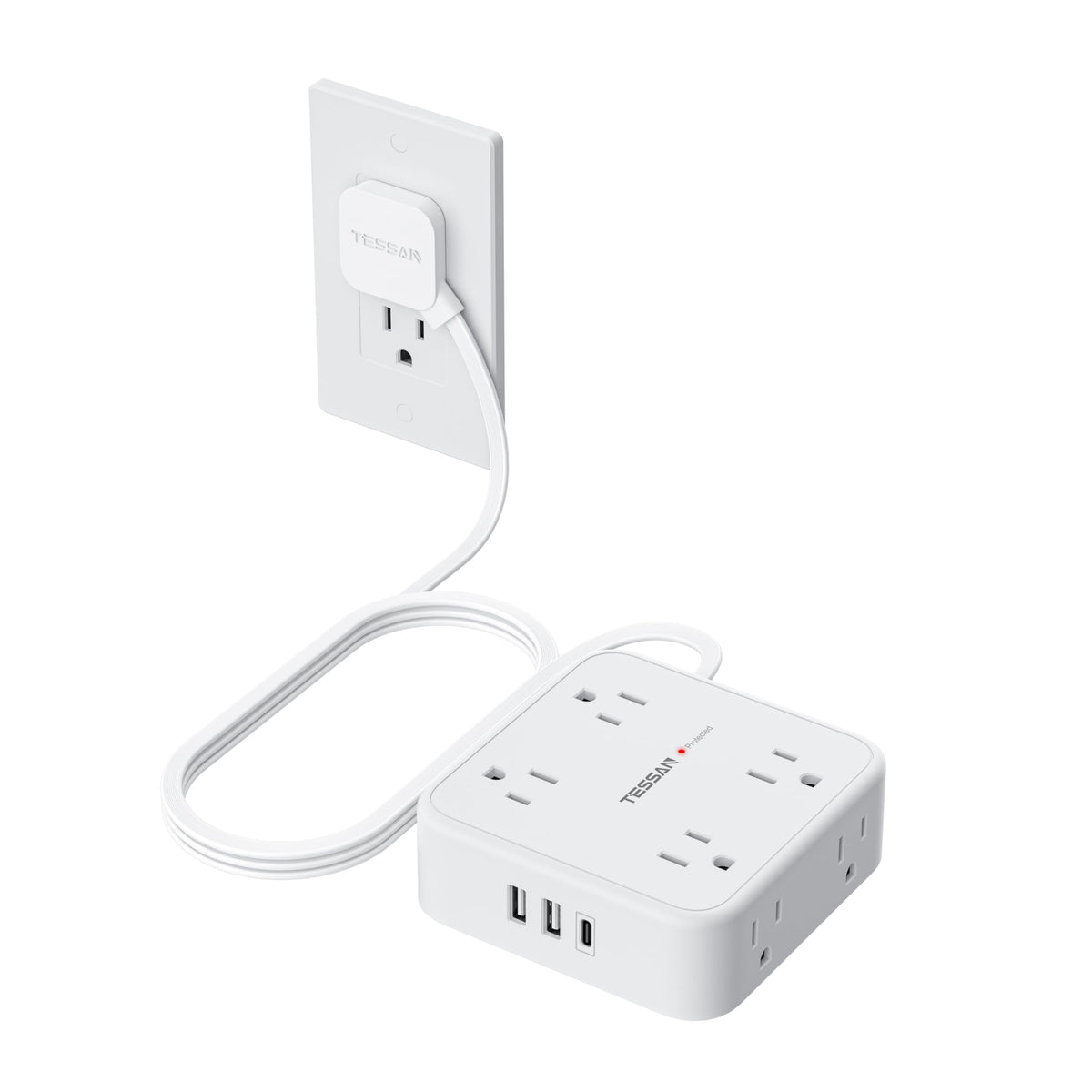 TESSAN Surge Protector Power Strip, 5 Ft Flat Plug Extension Cord with 3 USB (1 USB C) 8 Outlets, 1250W, 900J Protection, 3 Sided Outlet Extender with Power Switch for Office, Dorm Room, Grey
