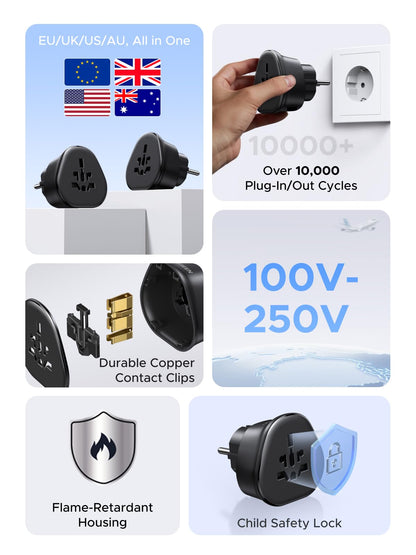 UGREEN US Plug Travel Adapter, EU/UK/AU/JP/CN/NZ/PH to US (Type B), International to US Pin Converter, Power Outlet Charger, 200+ Countries Compatibility, 1 Pack
