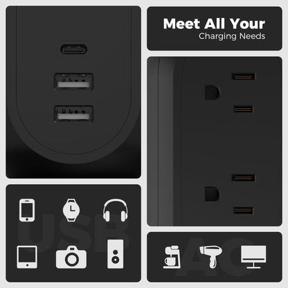 Tower Power Strip Flat Plug with 11 Outlets 3 USB (1 USB C), TESSAN Surge Protector Tower 1625W/13A,1050J Protection, 6 Feet Extension Cord with Multiple Outlets, Office Desk Supplies, Dorm Essentials