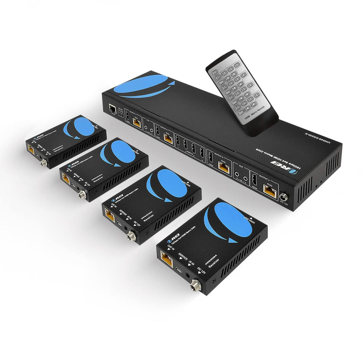 OREI 4K 4x4 HDMI Extender Matrix - UltraHD 4K @ 60Hz 4:4:4 Over Single CAT5e/6/7 Cable with HDR Switcher & IR Control, RS-232 - Up to 230 Ft - 1080P Downscale - 4 x Loop Out - 4 Receivers Included