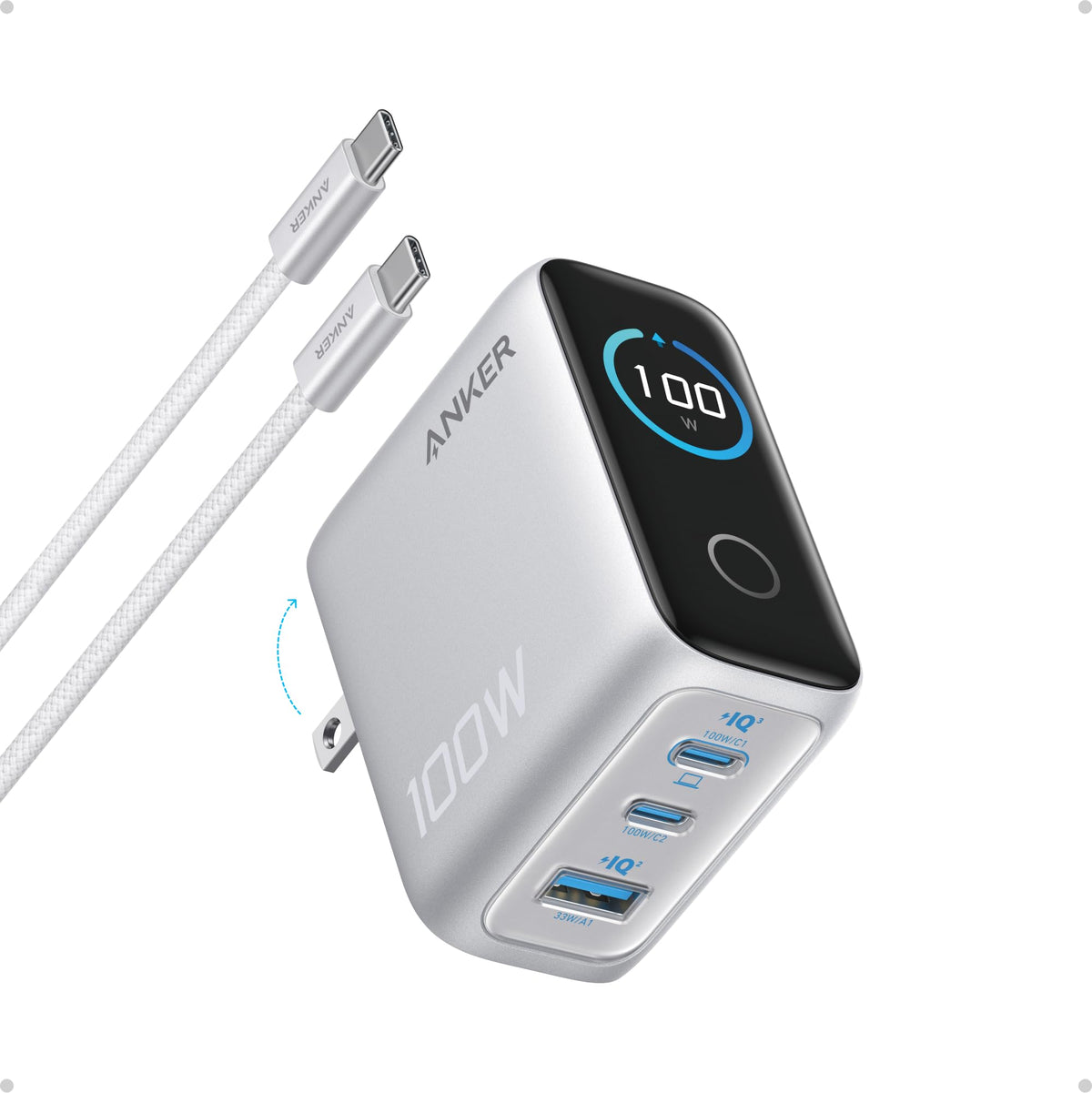 Anker Charger, 100W Max Ultra-Compact 3-Port GaN USB C Charger Block with Smart Display and Touch Control, Fast Wall Adapter for iPhone 17/16 Series, iPad, MacBook (Include Charge Cable, Non-Battery)