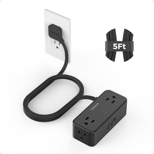 TESSAN Flat Plug Extension Cord 5 FT, Surge Protector Power Strip with 4 AC Outlets 1 USB C and 2 USB A Ports, 900 Joules Protection, Multiple Wall Outlet Extender Suitable for Office Dorm, Grey