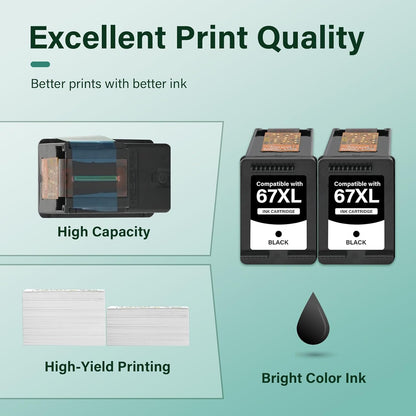 67XL 67 XL Black Ink Cartridges 6055e 2800e Ink for HP67XL Compatible for HP 2700 2800 6000 Series Printers DeskJet 2755e 2855e 4155e 4255e Envy 6400 6455e 6458e (2-Pack)