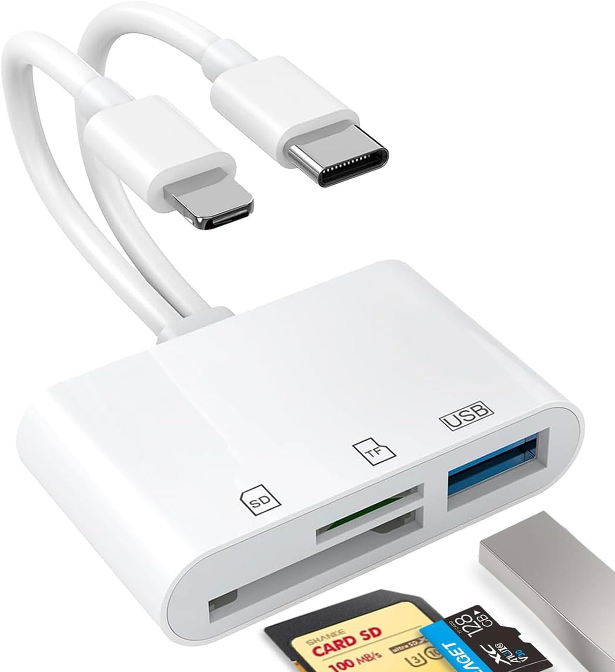SD Card Reader for iPhone, iPad, USB C and Lightning Slots SD Card Adapter