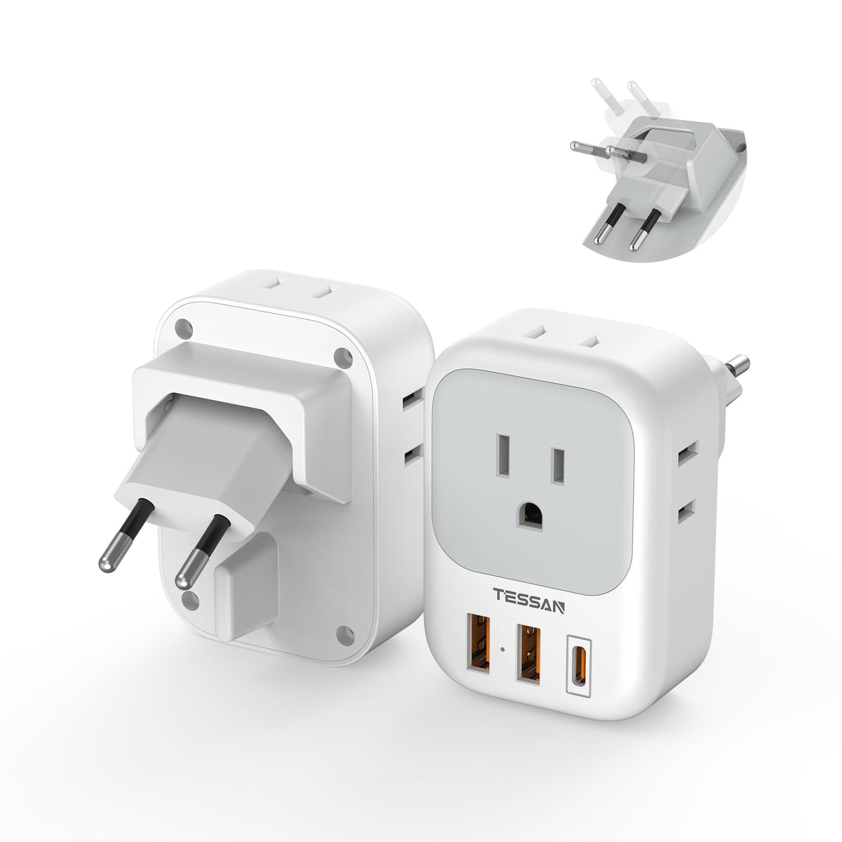 2 Pack European Plug Adapter USB C, TESSAN US to Europe Adapter 4 Outlets 3 USB Charger, Type C International Power Adaptor to Italy Spain France Portugal Iceland Germany, Europe Travel Essentials