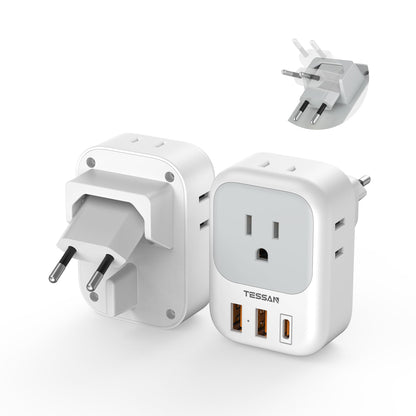 2 Pack European Plug Adapter USB C, TESSAN US to Europe Adapter 4 Outlets 3 USB Charger, Type C International Power Adaptor to Italy Spain France Portugal Iceland Germany, Europe Travel Essentials