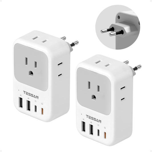 TESSAN European Travel Plug Adapter 2 Pack, PD 20W Adapter for Europe Plug with 4 AC Outlets 4 USB (2 USB C), Type C Adaptor for US to Europe, Italy, Spain, France, Portugal, Greece, Iceland, Germany